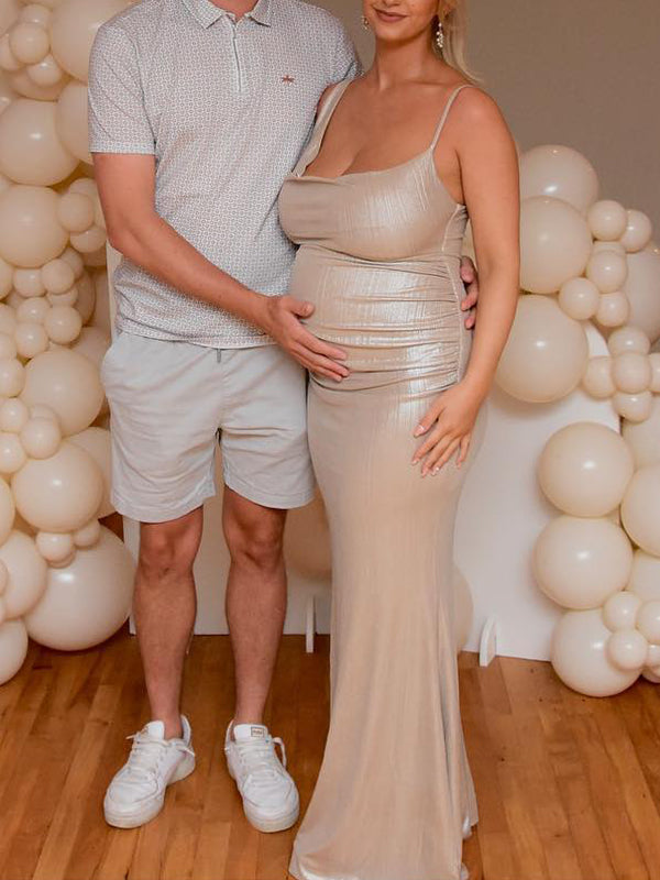 Champagne Asymmetric Shoulder Straps Belly Friendly Mermaid Ruched Cowl Neck Photoshoot Babyshower Maternity Maxi Dress