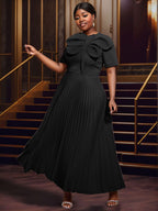 Rose Pleated Dress O Neck Short Sleeves Big Bow High Waist