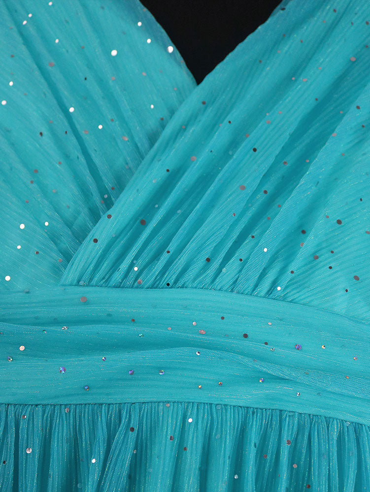 LakeBlue Shiny Sequins A Line Cake Dress V Neck High Waist