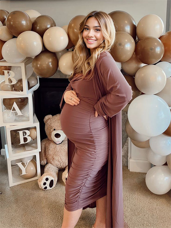 Ruched Cowl Neck Two Piece Spaghetti Strap Long Dress And Duster Coat Long Sleeve Babyshower Maternity Maxi Dress