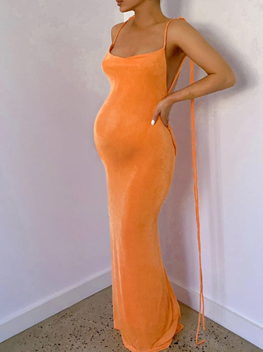 Orange Spaghetti Strap Draped Backless Sleeveless Cocktail Elegant Maternity Maxi Dress
