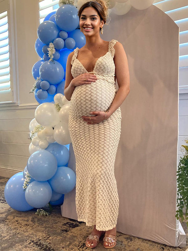 Apricot Cut Out Knitwear Ruffle Backless Tie Back Cocktail Party Gown V-Neck Mermaid Bodycon Elegant Babyshower Dress Photoshoot Maternity Maxi Dress