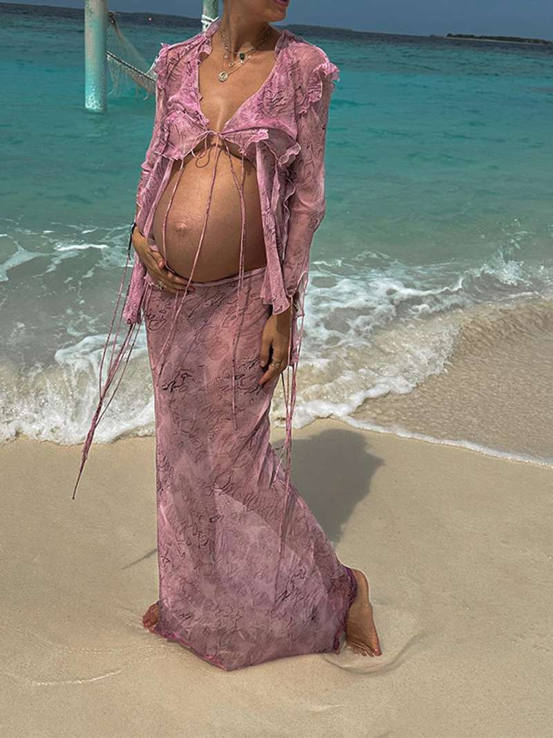 2 Piece Mesh Print Ruffle Tie Slit Flare Sleeve Vacation Photoshoot Baby Shower Maternity Maxi Dress