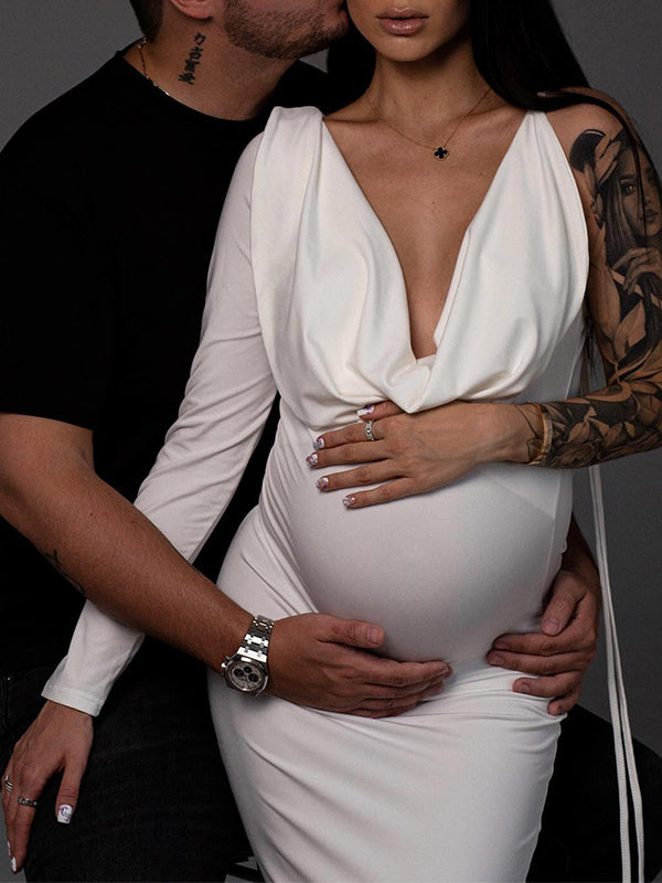 One Sleeve Backless Tie V-neck Bodycon Elegant Evening Photoshoot Gown Baby Shower Maternity Maxi Dress