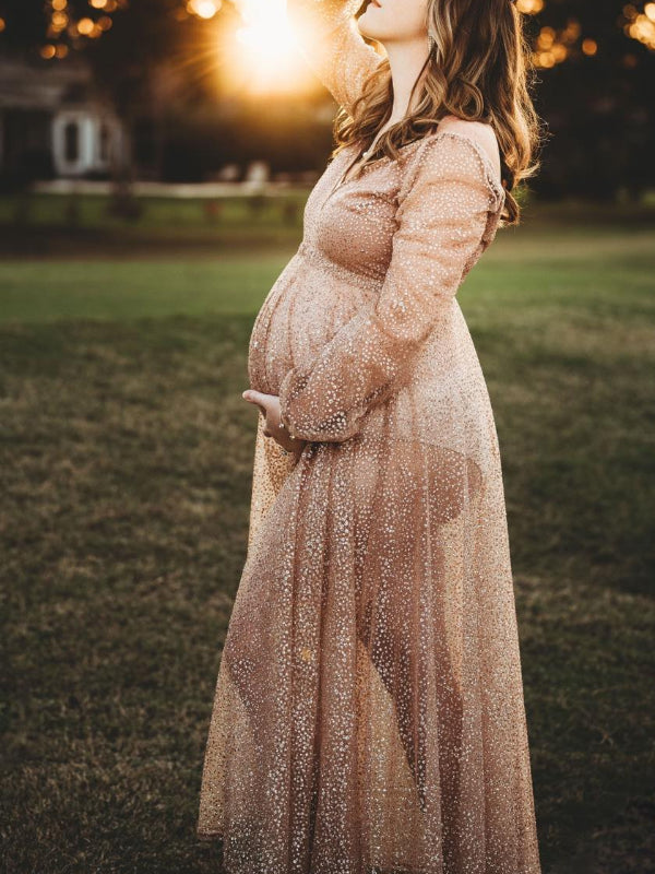Belly Friendly V-neck Glitter Pleated Belt Boho Evening Photoshoot Babyshower Maternity Maxi Dress