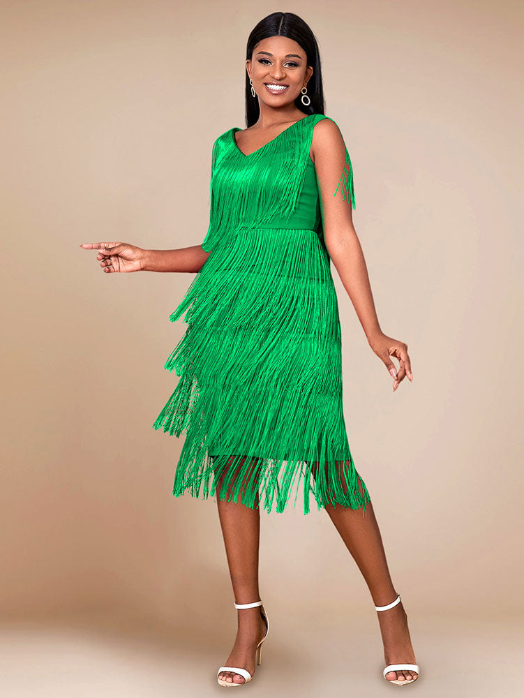 Sexy V Neck Sleeveless Fringe Dress Mini
