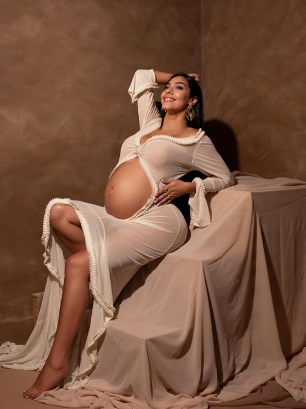 White Ruffle Cut Out Crop Irregular Split Sheer Vacation Dress Bodycon Photoshoot Maternity Maxi Dress