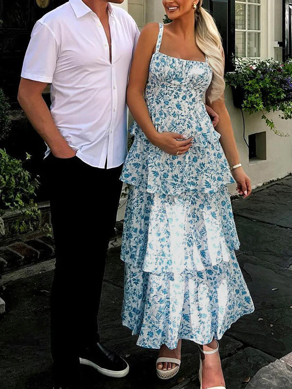 Blue Floral Layered Ruffle Falbala Tiered Skirt Tank Backless Elegant Vacation Flowy Maternity Photoshoot Baby Shower Maxi Dress
