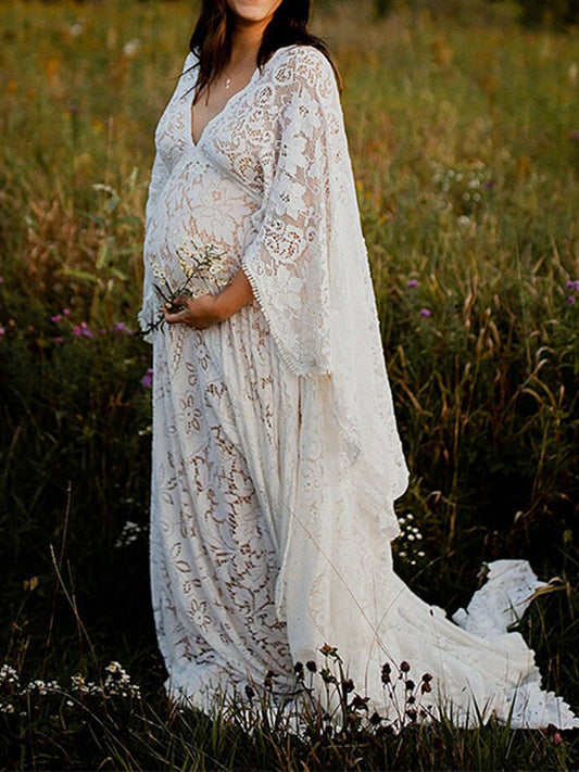 Floral Lace Backless Boho Baby Shower Flare Sleeve Pregnant Maternity Photoshoot Maxi Dress