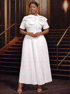 Rose Pleated Dress O Neck Short Sleeves Big Bow High Waist