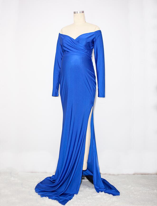 Blue Off Shoulder Long Sleeve High Split Bodycon Solid Baby Shower Party Gown Maternity Maxi Dress