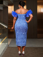 Shiny Sequins Wedding Guest Dresses Slash Neck 3D Ruffles