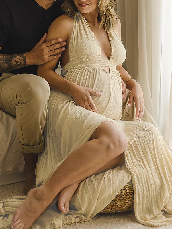 Solid Color Cut Out V-Neck Side Slit Backless Tassel Halter Neck Vacation Photoshoot Maternity Maxi Dress