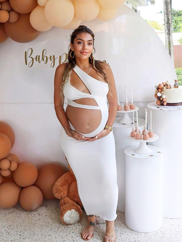 White One Shoulder Cut Out Bodycon Party Club Photoshoot Baby Shower Maternity Maxi Dress