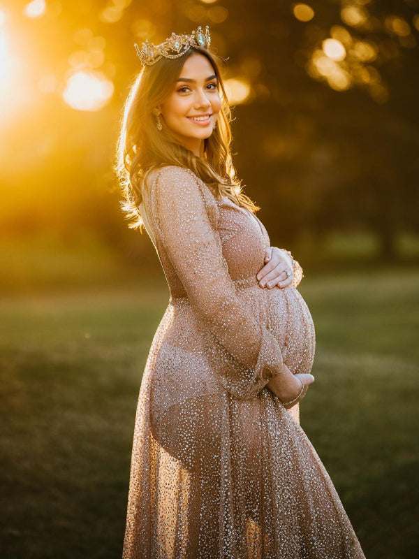 Belly Friendly V-neck Glitter Pleated Belt Boho Evening Photoshoot Babyshower Maternity Maxi Dress