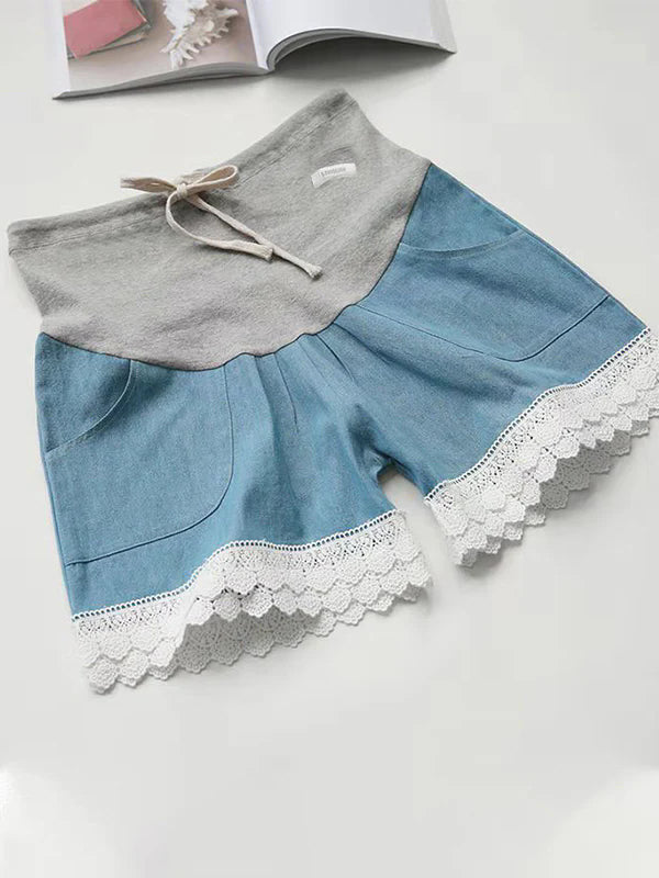 Lace Splicing Support The Bump Short Denim Maternity Pants