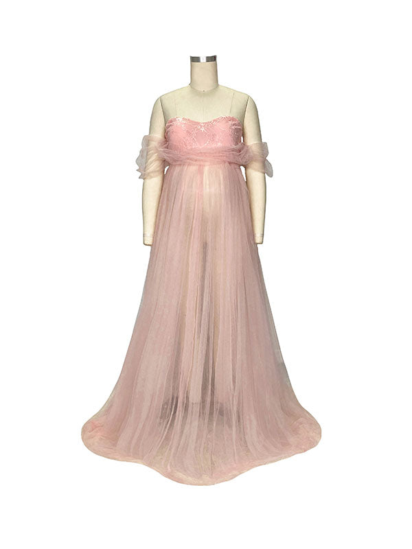 Grenadine Tulle Lace Off Shoulder Baby Shower Photoshoot Pregnant Maternity Maxi Dress