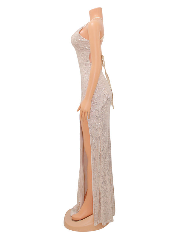 Rose Gold Glitter Sparkly Backless Slit Tie Back Photoshoot Party Maternity Maxi Dress