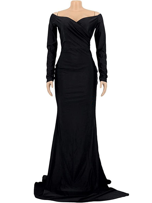 Black Off Shoulder Long Sleeve V-Neck Slit Bodycon Evening Gown Plus Size Elegant Baby Shower Maternity Maxi Dress