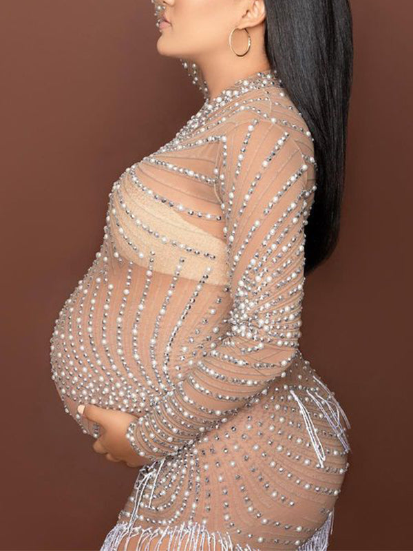 Mesh Rhinestone Pearl Tassel Irregular Bodycon Photoshoos Maternity Mini Dress