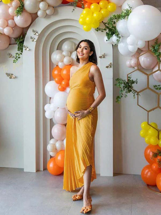 Yellow Pleated Cut Out One Shoulder Big Swing Plus Size Elegant Maternity Photoshoot Baby Shower Maxi Dress
