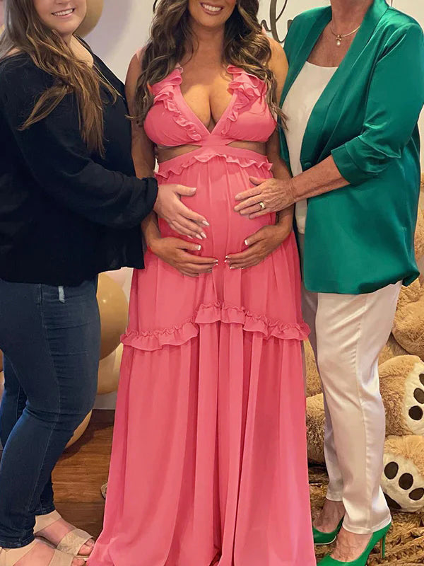 Pink Cut Out Ruffle Backless Tie Back Deep V-neck Elegant Party Maternity Baby Shower Maxi Dress