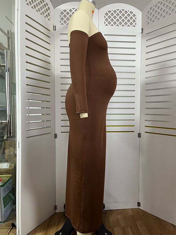 Brown Off Shoulder Long Sleeve Bodycon Elegant Going Out Maternity Photoshoot Baby Shower Party Maxi Dress