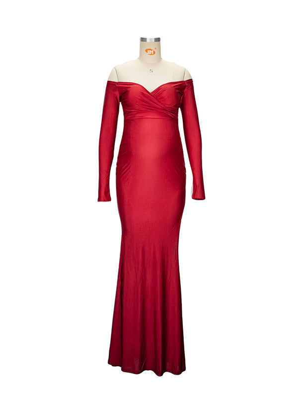 Off Shoulder Long Sleeve Slit Bodycon Solid Baby Shower Party Evening Gown Maternity Maxi Dress