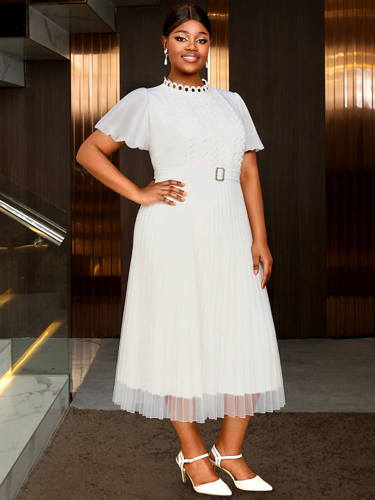 White Bridal Shower Outfits A Line Puff Sleeve Waist Belt