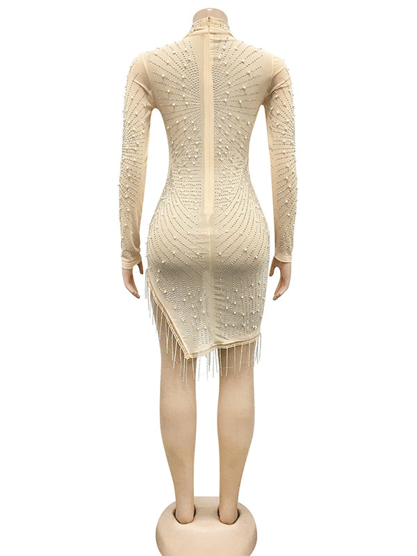 Mesh Rhinestone Pearl Tassel Irregular Bodycon Photoshoos Maternity Mini Dress