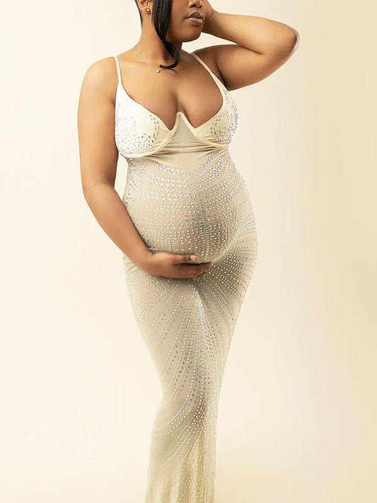 Apricot Mesh Rhinestone Spaghetti Strap Mermaid Cami Evening Gown Elegant Maternity Club Photoshoot Maxi Dress