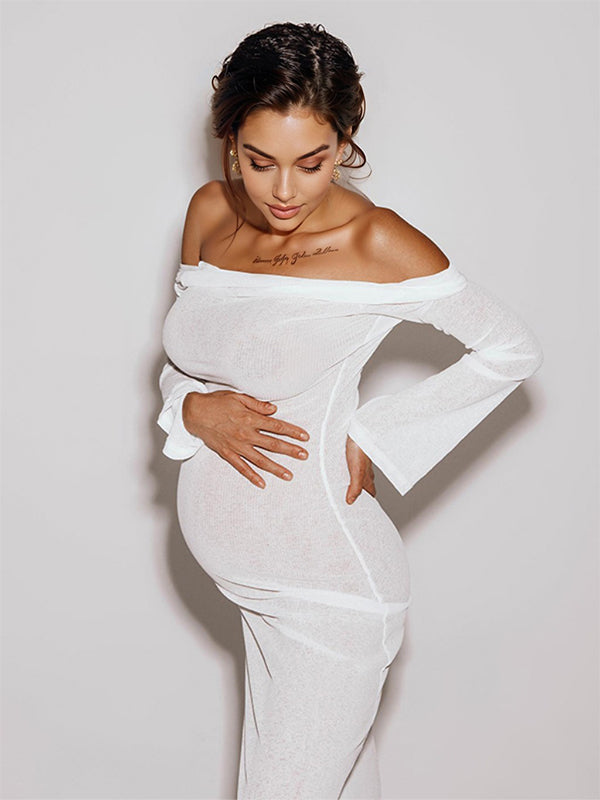 White Off Shoulder Backless Sheer Elegant Fashion Photoshoot Maternity Maxi Dress
