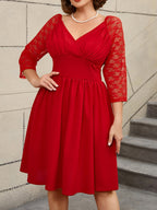 Elegant Lace Midi A Line Wedding Guest Dress V Neck Pleated