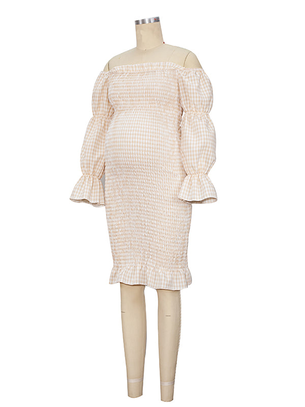 Ruffle Off Shoulder Long Sleeve Bodycon Baby Shower Maternity Midi Dress