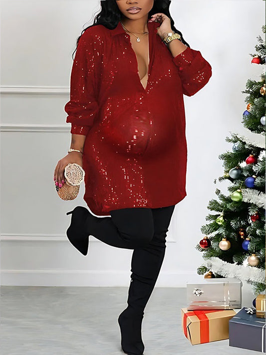 Sequin Button Down Shirt Lapel Sparkle Glitter Tunic Tops Loose Blouse Babyshower Maternity Mini Dress