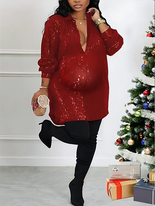 Sequin Button Down Shirt Lapel Sparkle Glitter Tunic Tops Loose Blouse Babyshower Maternity Mini Dress