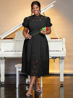 Elegant Lace Midi A Line Wedding Guests Dress Puff Sleeve