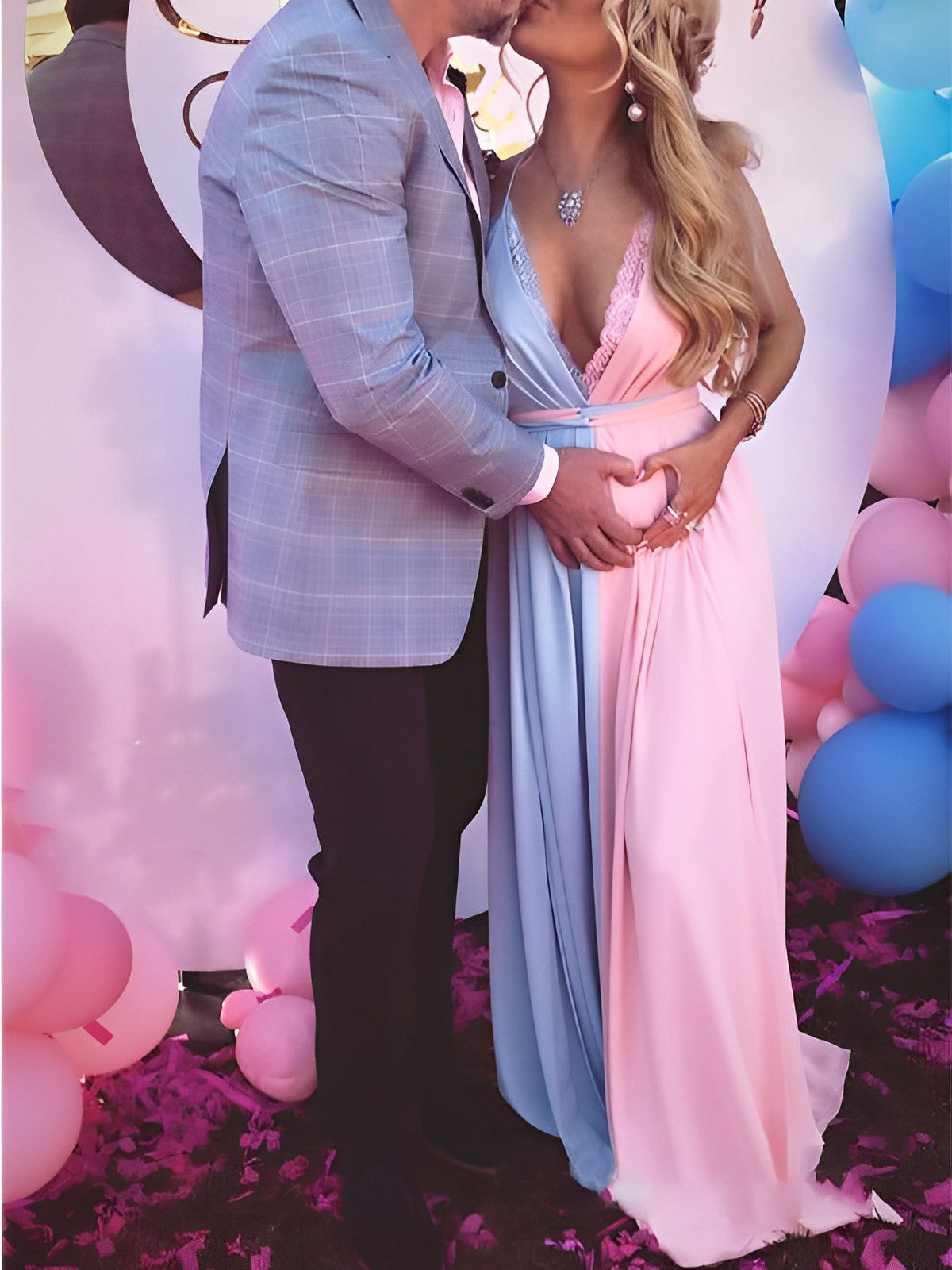Pink&Blue Lace Backless Side Slit Gender Reveal Cute Maternity Maxi Dress