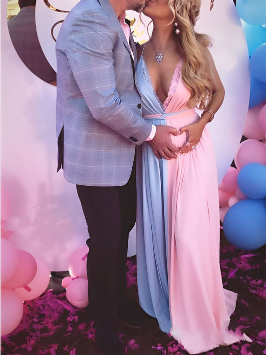 Pink&Blue Lace Backless Side Slit Gender Reveal Cute Maternity Maxi Dress