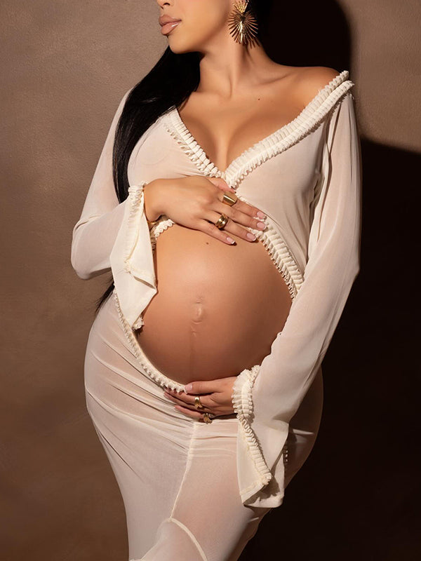 White Ruffle Cut Out Crop Irregular Split Sheer Vacation Dress Bodycon Photoshoot Maternity Maxi Dress