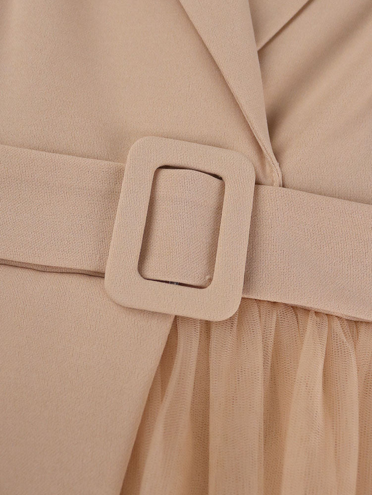 DRESS A Line Blazer Dresses With Waist Belt Patchwork Mesh Skirt