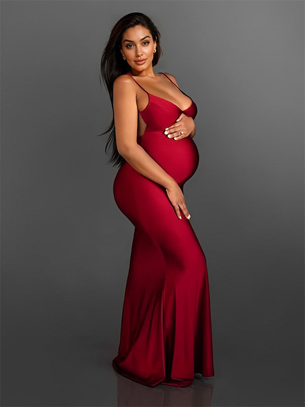 Red Spaghetti Strap Backless Bodycon Mermaid Evening Gown Photoshoot Maternity Maxi Dress