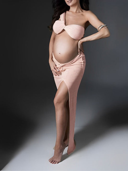Pink Bandeau Irregular Crop 2-in-1 Side Slit Bodycon Photoshoot Maternity Maxi Dress