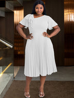 DRESS Asymmetrical Neck Ruffles Short Sleeve Pleated Dress