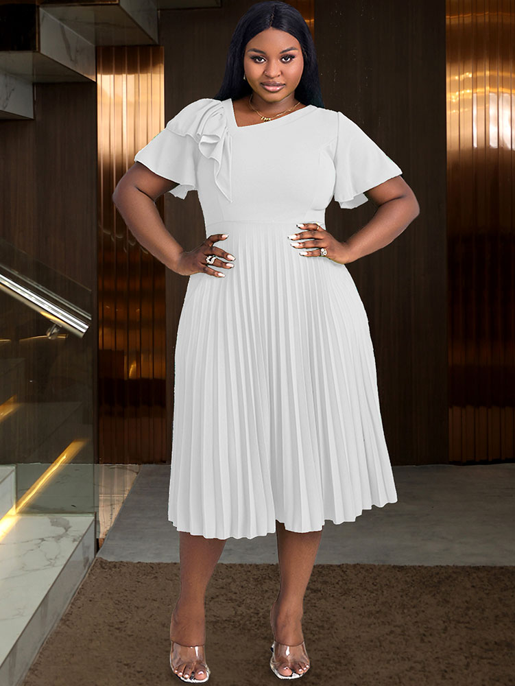 DRESS Asymmetrical Neck Ruffles Short Sleeve Pleated Dress