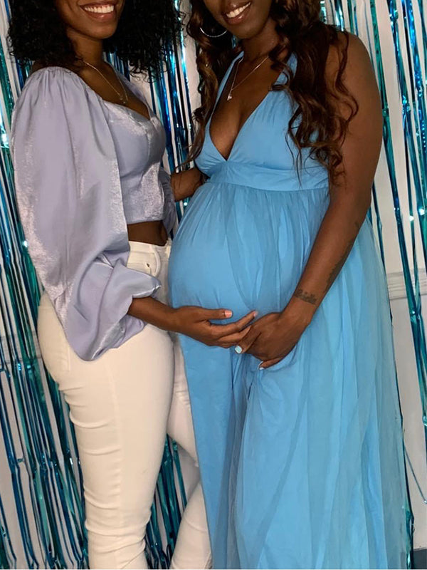 Blue Tulle Spaghetti Strap Backless Grenadine Side Slit V-Neck Cami Babyshower Maternity Photoshoot Maxi Dress