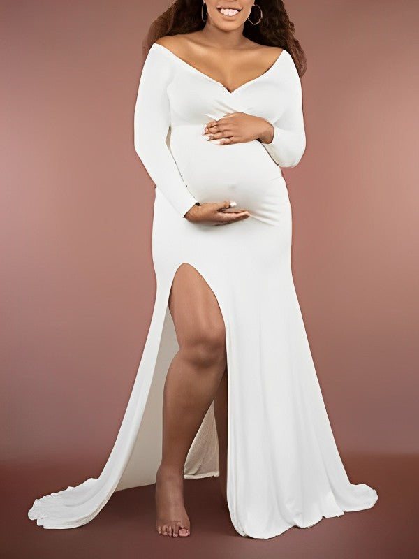 White Off Shoulder Side Slit Mermaid Bodycon Photoshoot Maternity Maxi Dress