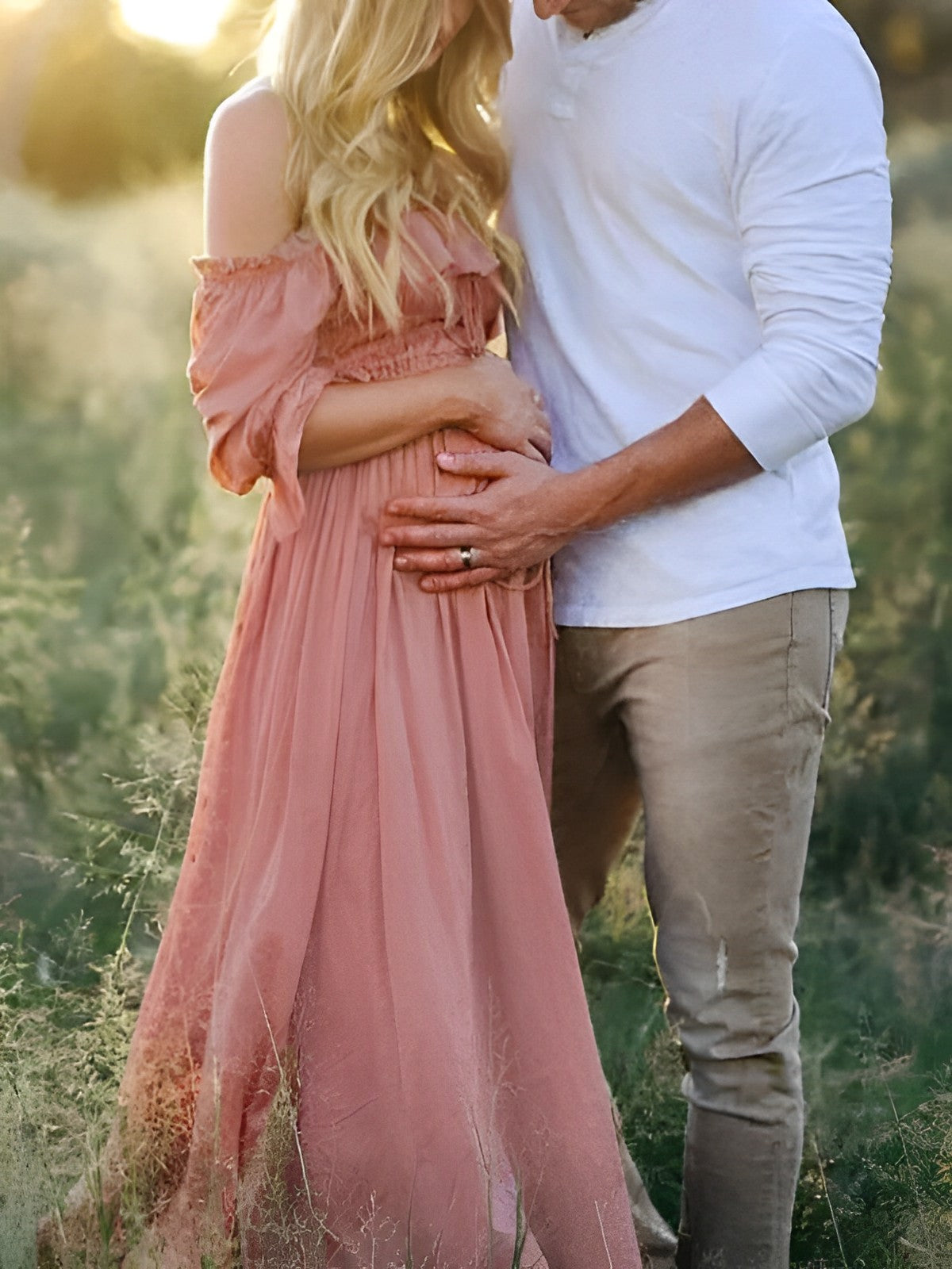 Pink Boho Flowy Bump Friendly Off Shoulder Photoshoots Maxi Dress