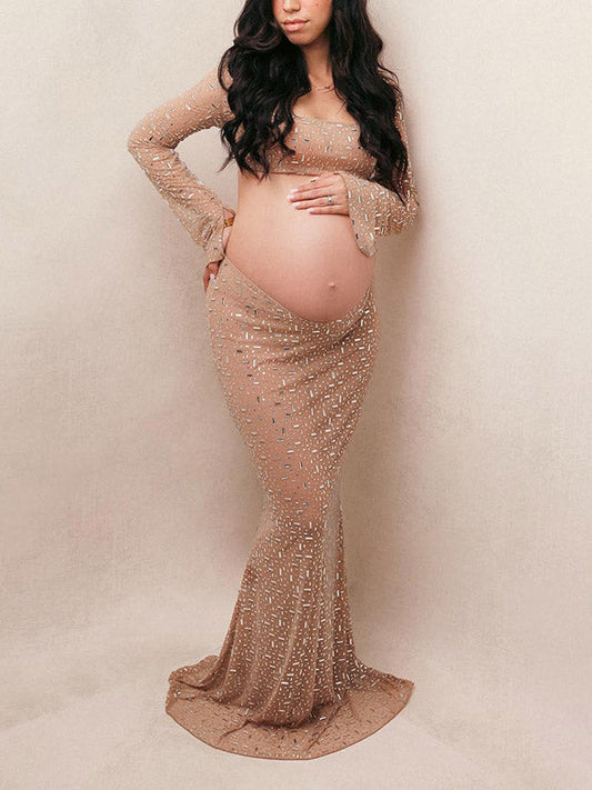 Chic Nude Color Rhinestones Sparkly Open Belly Mermaid Bodycon 2-in-1 Maternity Photoshoot Maxi Dress
