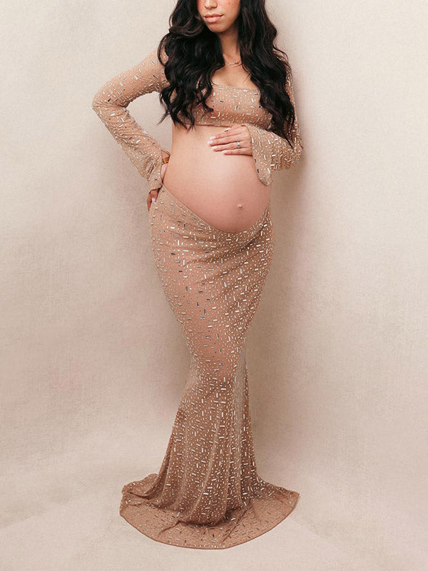 Chic Nude Color Rhinestones Sparkly Open Belly Mermaid Bodycon 2-in-1 Maternity Photoshoot Maxi Dress